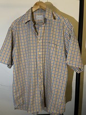 Men’s Pierre Balmain Vintage Short Sleeve Check Plaid Shirt Orange & Blue Size L