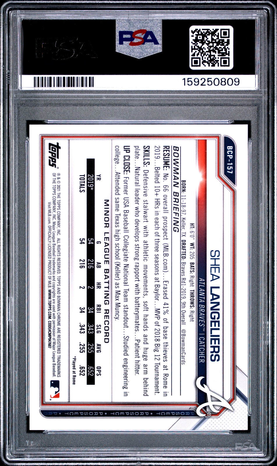 2021 BOWMAN CHROME PROSPECTS GOLD SHIMMER REFRACTOR SHEA LANGELIERS 38/50 PSA 7 view 2