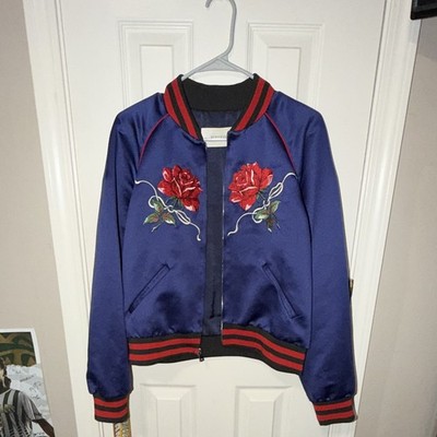 Rodarte Women's Juniors M Blue Floral Embroidered Bomber Jacket Zip