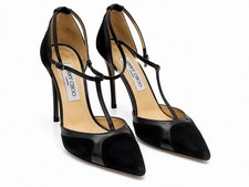 Jimmy Choo Black Suede Leather T-Strap Pointed Toe Pumps Heels EU 36 US 6