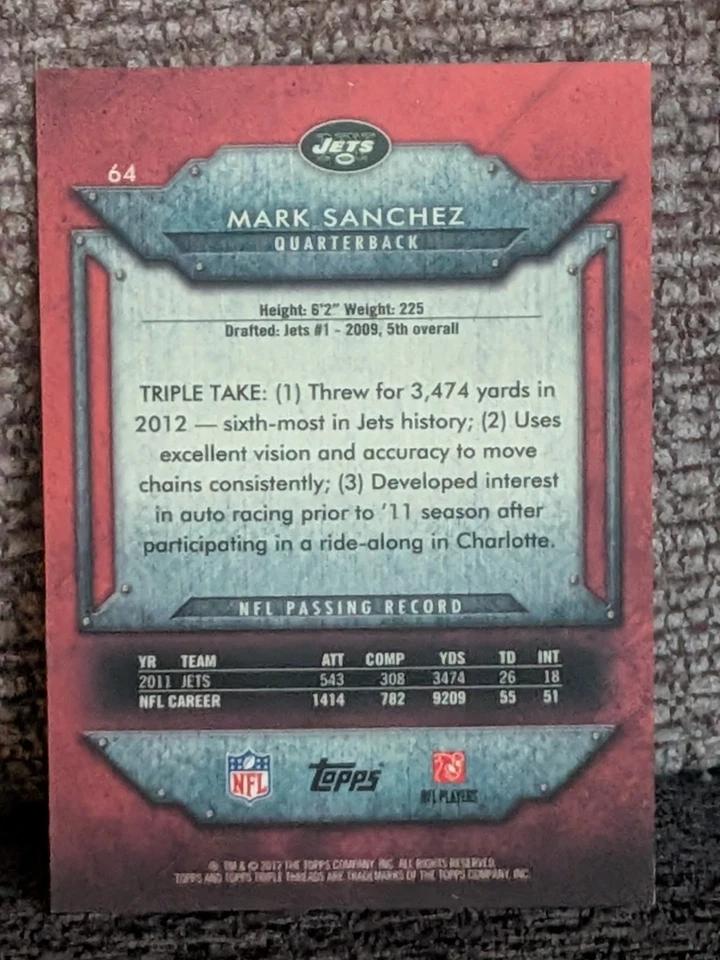 Mark Sanchez - 2012 Topps Triple Threads #64 /989 New York Jets - Image 2 of 2