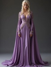 Lilac Lavender Mediveval Prom Formal Dresses with Long Sleeve Cape Lace Applique
