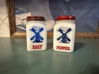 Vintage Hazel Atlas White Milk Glass Dutch Windmills Salt & Pepper Shaker Set