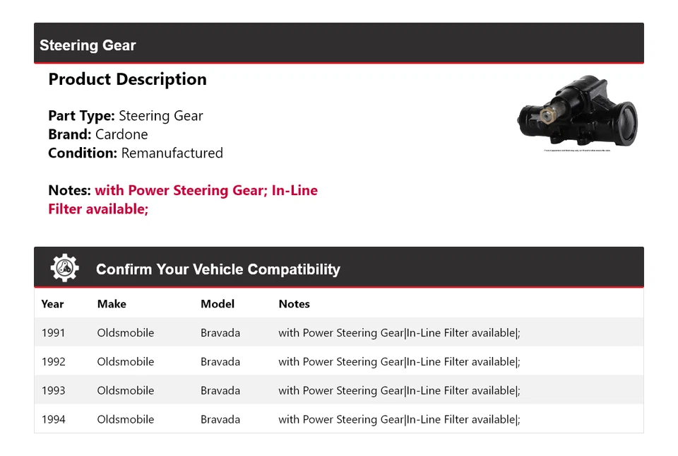 For 1991-1994 Oldsmobile Bravada Steering Gear Cardone 1992 1993 - Image 2 of 4