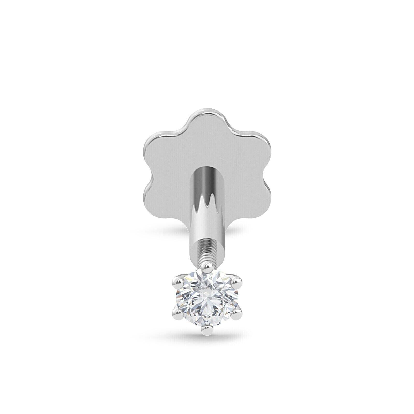 14K White Gold 2.4mm Natural Diamond Nose Stud Screw Ring Piercing Pin 18 Gauge