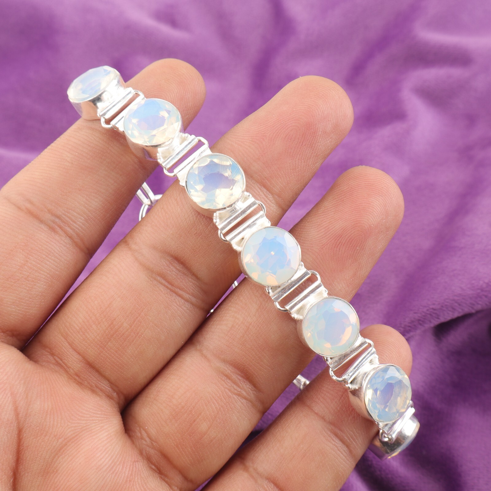 Valentines Deal Sterling Silver Milky Opal Gemstone Wife Chain Bracelet Jewelry