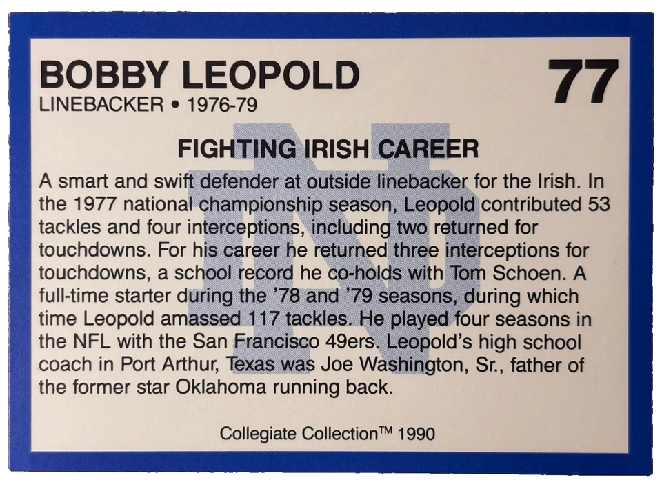 Excellent: Vintage 1990 Collegiate Collection Notre Dame Bobby Leopold Card - Image 2 of 2
