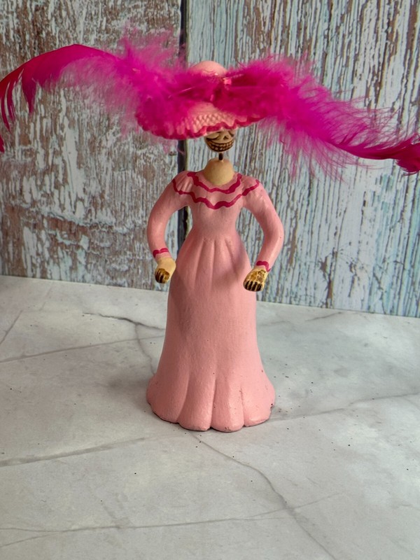 Catrina Frida Kahlo w/Feather Hat Day of the Dead Mexico Skeleton Figur 5"