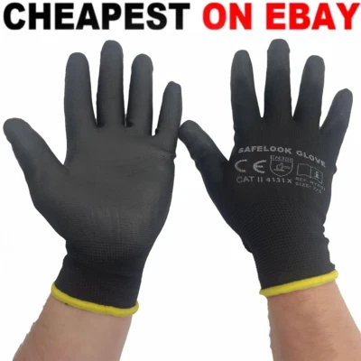 SAFELOOK 1, 12 or 24 Pairs Black Nylon PU Safety Work Gloves Builders Grip Gardening Mens