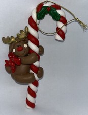 Vintage Reindeer With Candy Cane Clay Dough Christmas Ornament 6  Holiday Decor