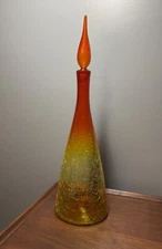 Blenko #920L Decanter & Stopper in Tangerine Crackle Glass -GLOWS- 22 7/8” Tall