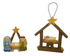 Set of 2, a mini nativity and one baby Jesus ornament- New Blossom Bucket 86092