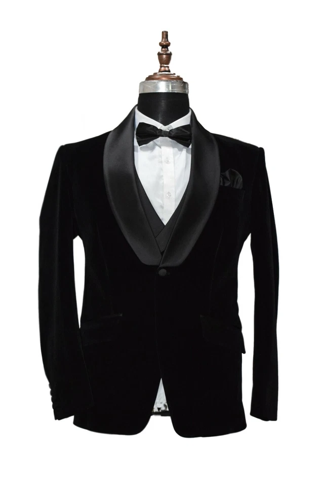 Hombres Traje de Terciopelo Negro Diseñador Boda Cena Fiesta Ropa Traje (Abrigo + Pantalón + Chaleco) Foto 4 de 4