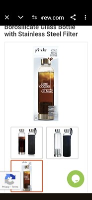 Primula Cold Brew Travel Bottle Glass Iced Coffee To Go Neoprene Sleeve NIB 20oz