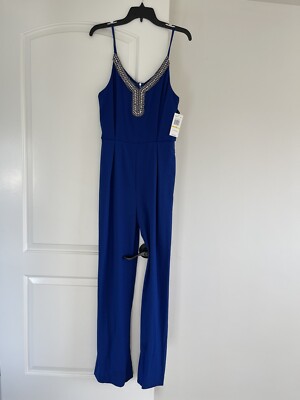 Brand New Navy Blue Jumpsuit With Beaded Neckline And Lace Zip