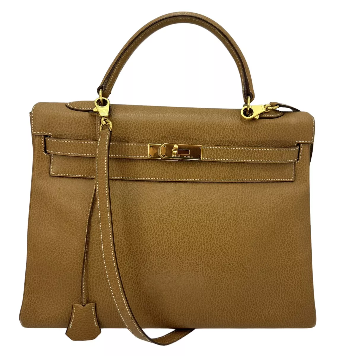 HERMES Kelly 32 Ardennes Natural Tan Leather Retourne