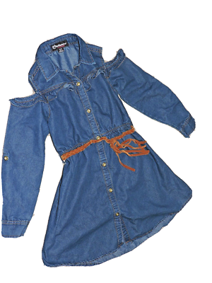 GIRLS 10/12 DOLLHOUSE DENIM DRESS BUTTON FRONT COLD SHOULDER BELTED  COLLARED | eBay