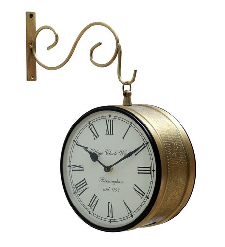 Wall Clock Golden Brass Railway Platform Vintage Double Side For Home Decor - Picture 3 of 6