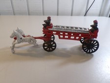 Vintage Cast Iron Two Horse Drawn Hook  Ladder Fire Wagon Toy Great Condition