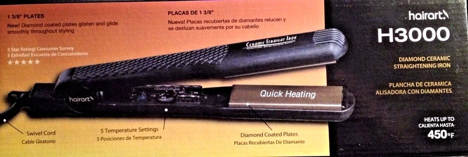 HAIRART H3000 NUEVO DIAMANTE IÓNICO 450 F PLANO/RIZADOR - 1 3/8 PULGADAS 110V Foto 2 de 4
