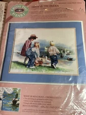 New Vtg Dimensions 3 children Feeding Ducks No Count Cross Stitch Kit No. 53910
