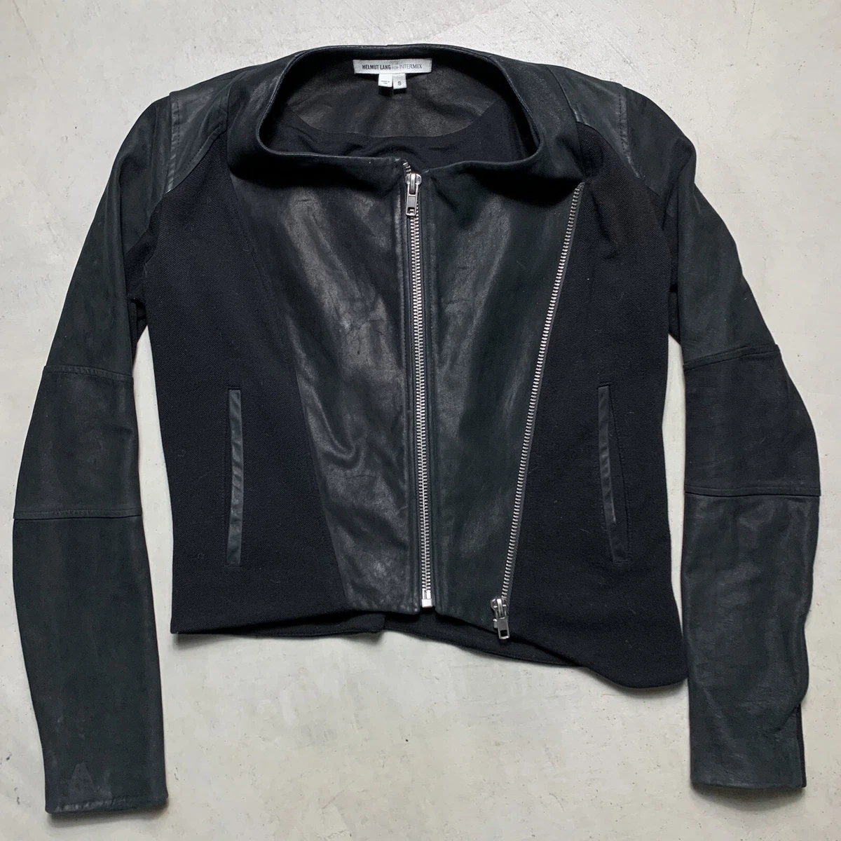 HELMUT LANG Intermix Black Lamb Leather Asymmetrical Double Zip Jacket Womens S