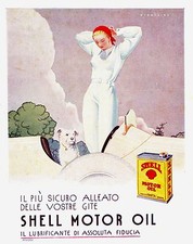 ADVERTISEMENT 1935 SHELL TIN OIL CAR DOG WOMAN FASHION LUXURY OIL CAR NICOULINE 