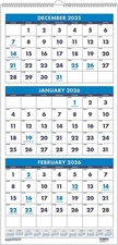 2026 Three-Month Wall Calendar 12.25" X 26", Blue (3640-26)