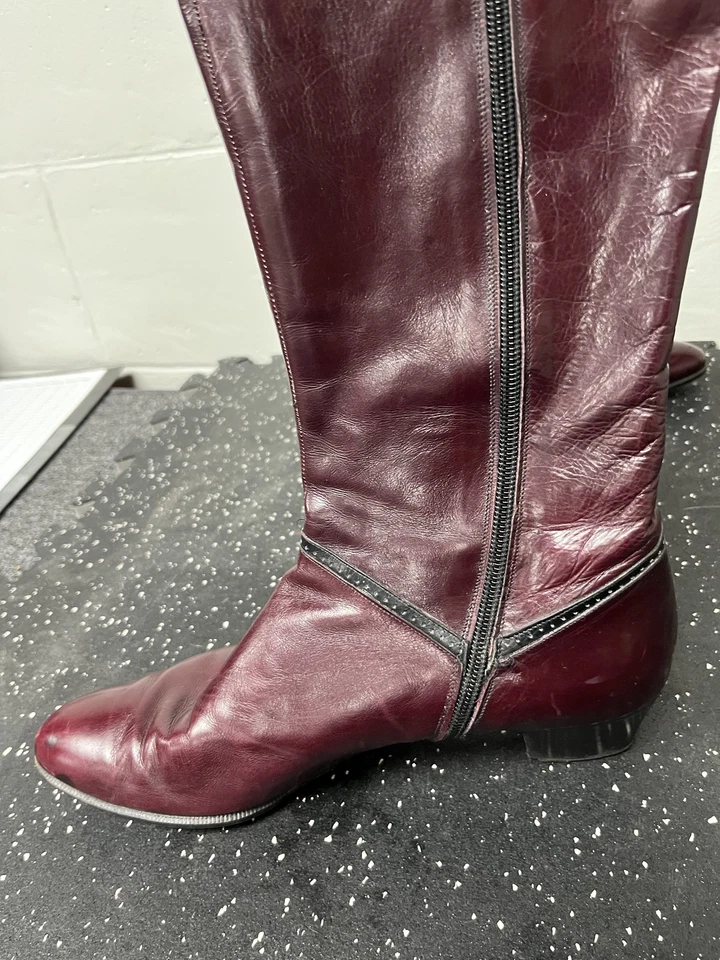Salvatore Ferragamo Boots Women 9AAA Red Brown Leather Zip Heel Italy Riding - Image 2 of 4
