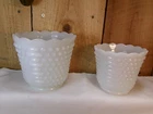Lot of 2 Vintage Fire King Milk Glass Hobnail and Bars Scalloped Planter Vase