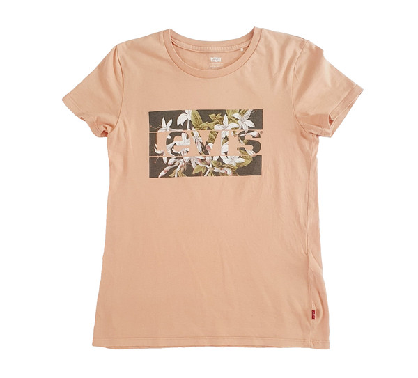 Levis Floral Graphic Batwing Logo T-Shirt Top Peach Light Orange Womens Size XS