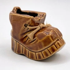 Brown Work Boot Ashtray with Shoe Laces Tan Beige Vtg Glazed Ceramic Japan?