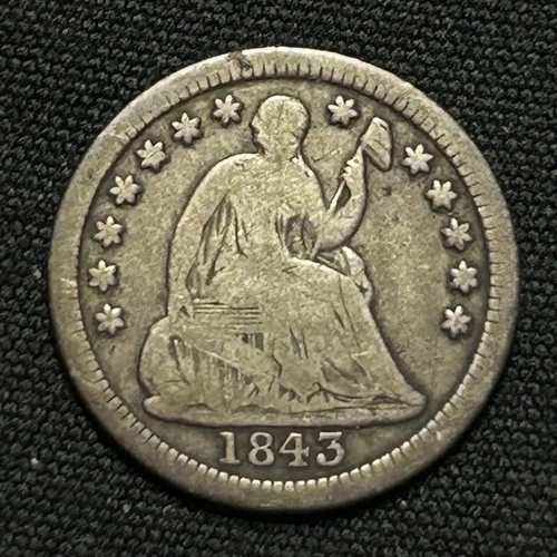 1843 Silver Seated Liberty Half Dime Philadelphia Mint Very Good Condition