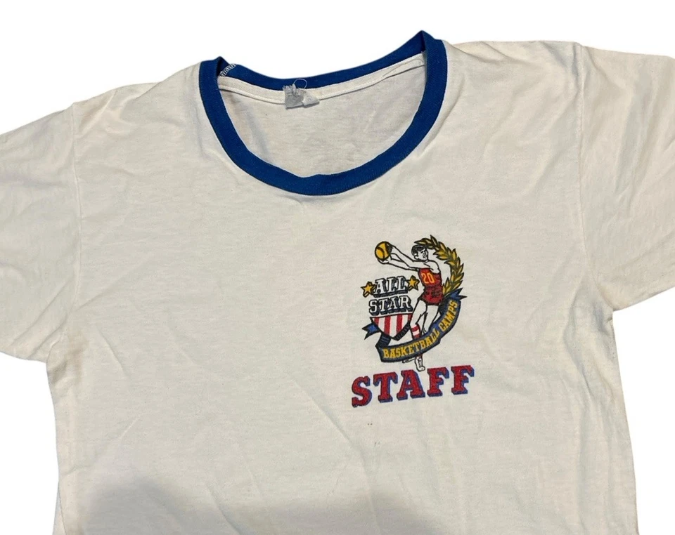 Camiseta Timbre Campamento Baloncesto All Star Vintage Años 70 Mujer S Hecha en EE. UU. Brillo Velva Foto 2 de 4