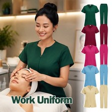 Women Front Zip Set Short Sleeve Spa Beauty Salon Uniforms Dentist Workwear.