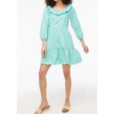 NEW J.CREW SIZE 4 Dress Mini Cotton Seersucker Ruffleneck Long Sleeve Green
