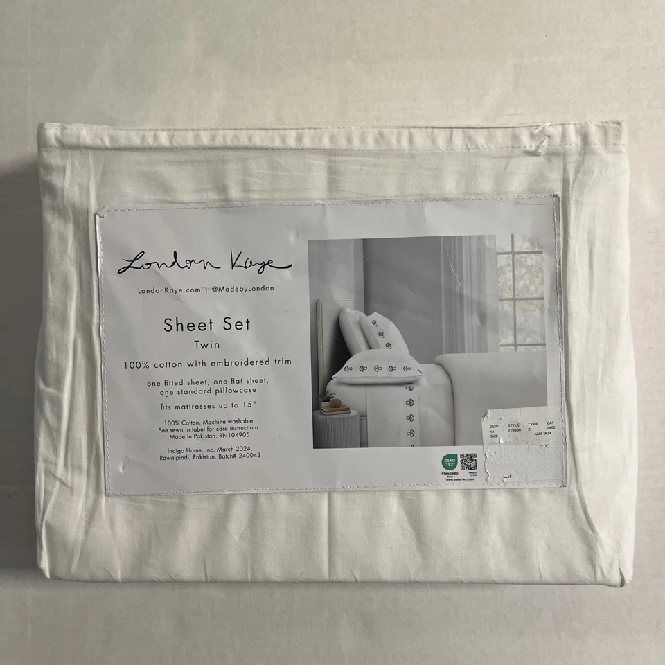 London Kaye Twin Sheet Set Green Mushroom Embroidered White Cotton 70s Retro - Image 3 of 4