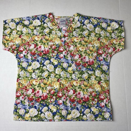 S.C.R.U.B.S. Scrub Top Size Medium Colorful Yellow White Blue Roses Floral Print - Picture 2 of 8