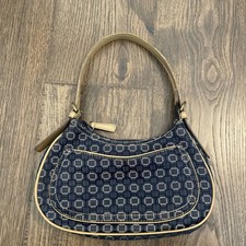 Vintage Nine West Navy Blue & Tan Geometric Pattern Denim Shoulder Bag Purse