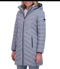 DKNY Women's Stretch Walker Coat Hoodie Gray Size Medium