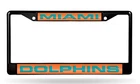 Miami Dolphins Black Metal License Plate Frame Tag Cover, Laser Acrylic Mirrored