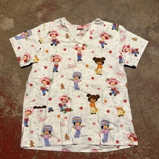 Vintage Strawberry Shortcake Scrub Top Medical Uniform Nurse V-Neck Short Sleeve