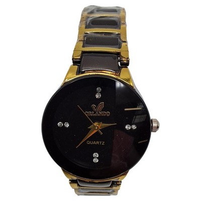 Orlando Armbanduhr Damen Gold Schwarz Zifferblatt Strass