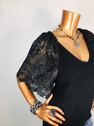 Express L Top Stretch NWT Black Low V Cut Embroidered Flutter Elbow Slvs Blouse - Picture 5 of 10