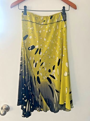 CUTE! Roberto Cavalli SMALL Green Print Silk Midi Skirt Elastic Waist