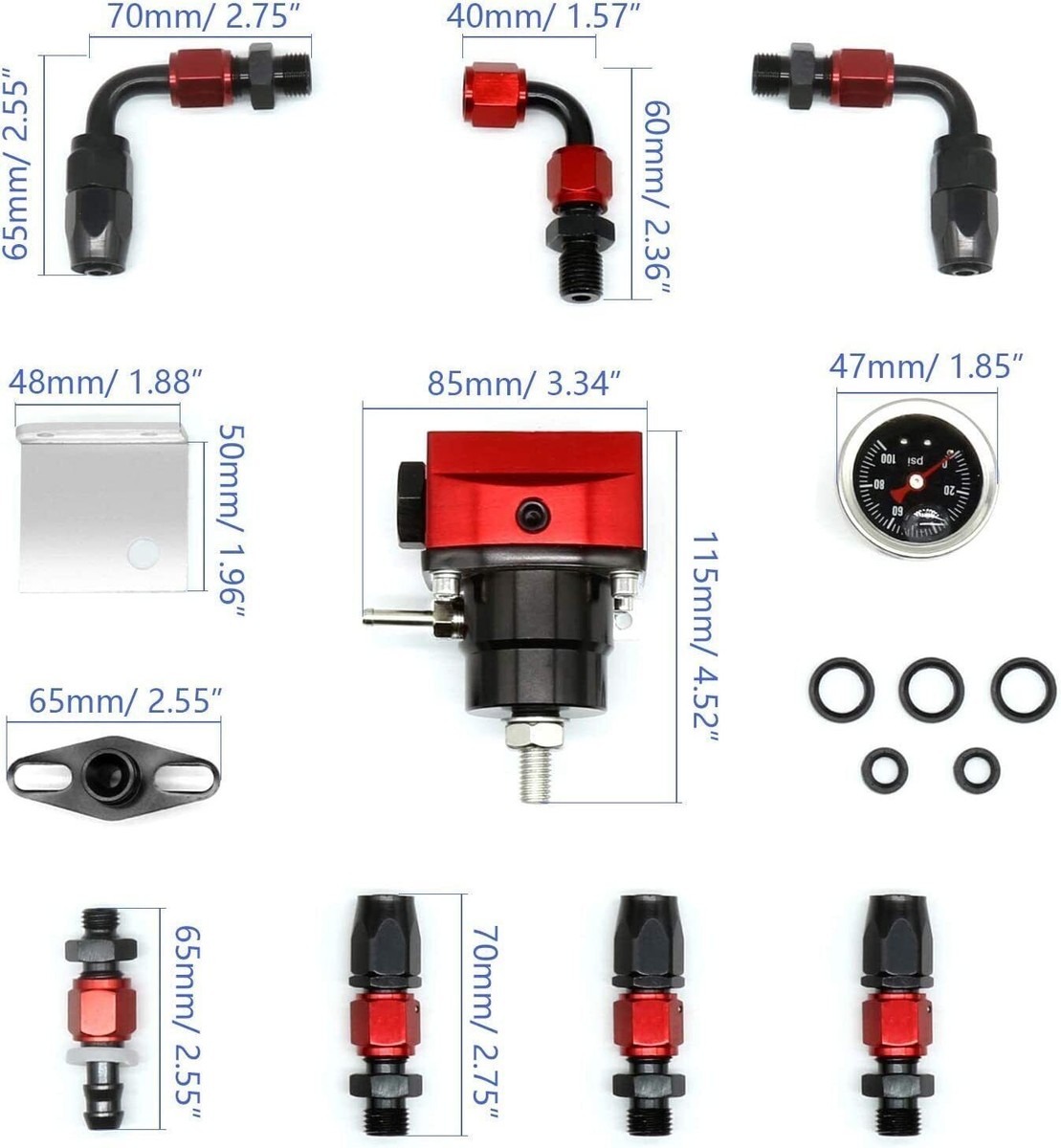 Universal Adjustable Fuel Pressure Regulator Kit – 0-100 PSI With Gauge, AN6 Fittings, Red