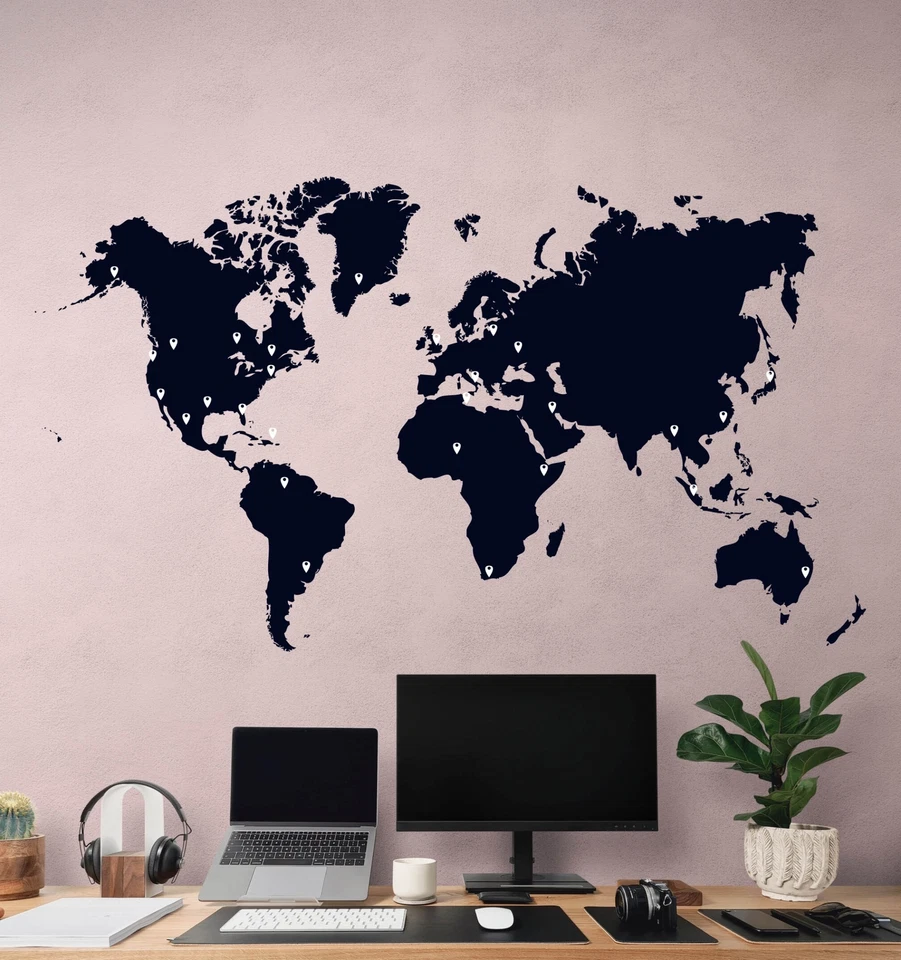 Office World Map Vinyl Wall Decal with Location Pin Drops. Bedroom Wall Map #873 - Image 2 of 4