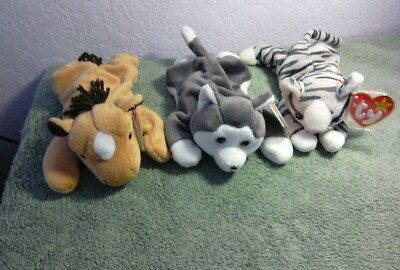 Beanie babies 3: Derby DOB: 9-16-95, Nanook DOB: 11-21-96,  Prance DOB: 11-20-97