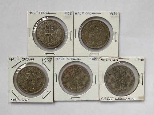 Lot of 5 Nice Great Britain 50% Silver Half Crowns - 1928,1936,1937, 1939, 1940.