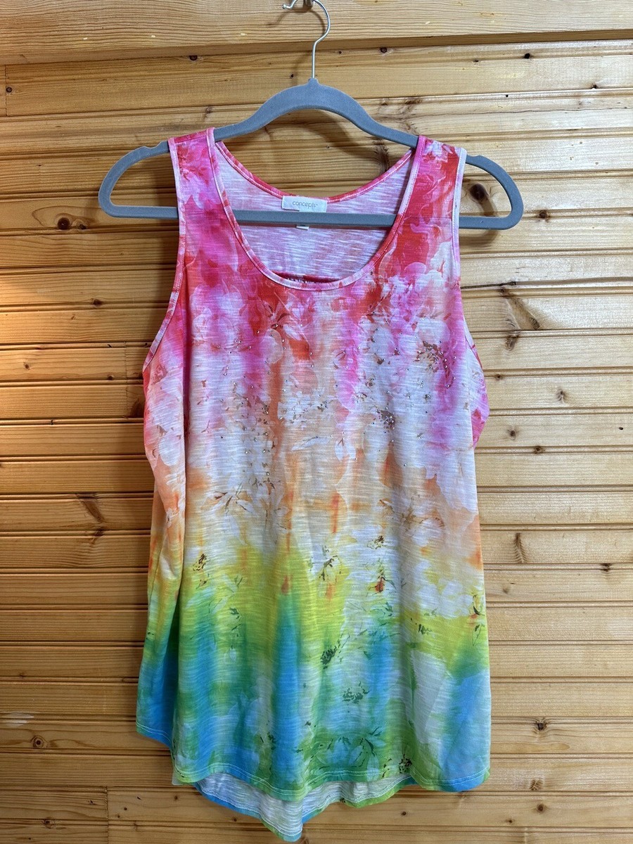 Concepts Floral Embellished Tank Top L 12-14 Tie Dye Rainbow
